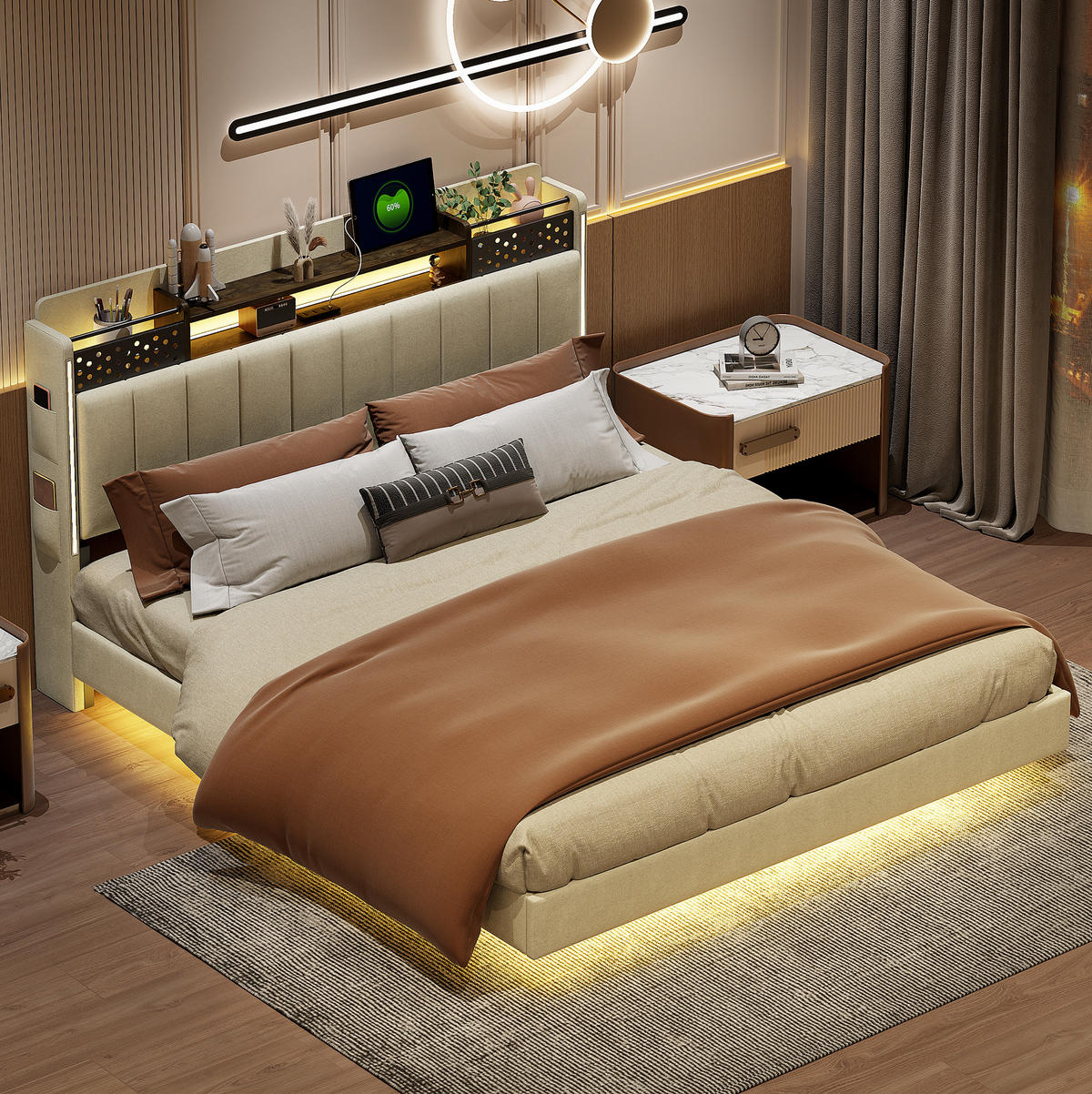 BETT mit LED und USB 160x200 cm Beige - Beige, Metall (160/200cm) - Meubliv