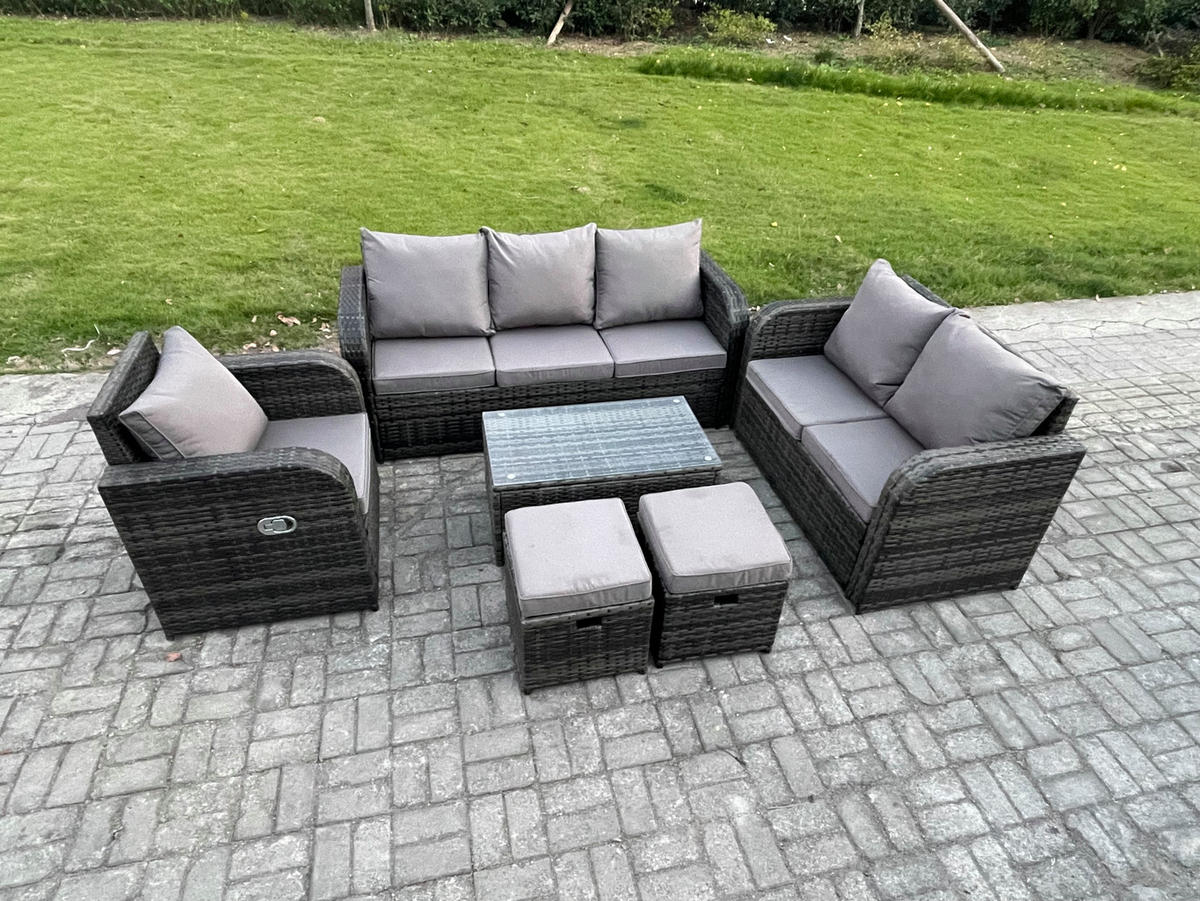 GARTENSET Polyrattan Dunkelgrau 6-Sitzer - Dunkelgrau/Grau, Glas/Kunststoff - Fimous