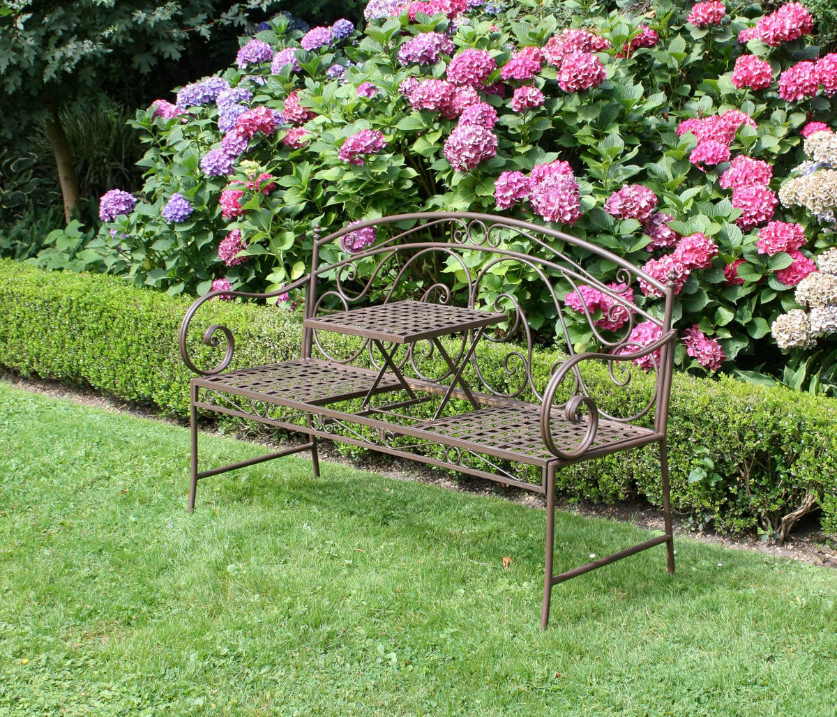 GARTENBANK Sabine hochklappbarer Tisch Terrassenbank - Braun, Metall (53/94.5/147cm) - DELUKE