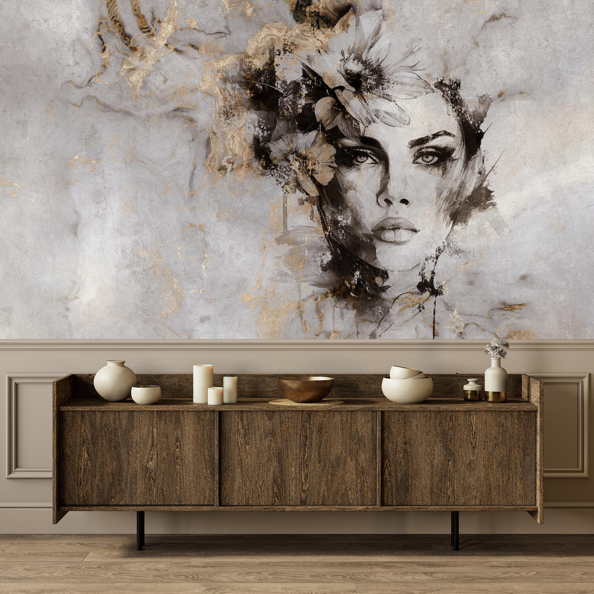 FOTOTAPETE für Wohnzimmer Frau Porträt Beton Blumen Modern 450x315 - Gelb/Beige, Papier (450/315cm) - Muralo