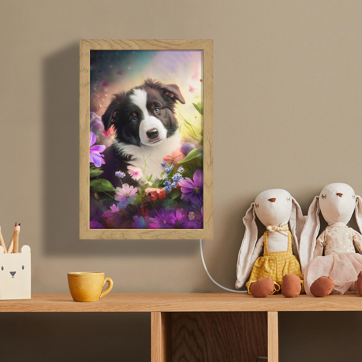 NÁSTĚNNÁ LAMPA Štěně - Slunce - Květiny - Příroda - Border kolie - Pes 20x30 cm - fialová, kompozitní dřevo (20/30/8cm) - OnlyWow