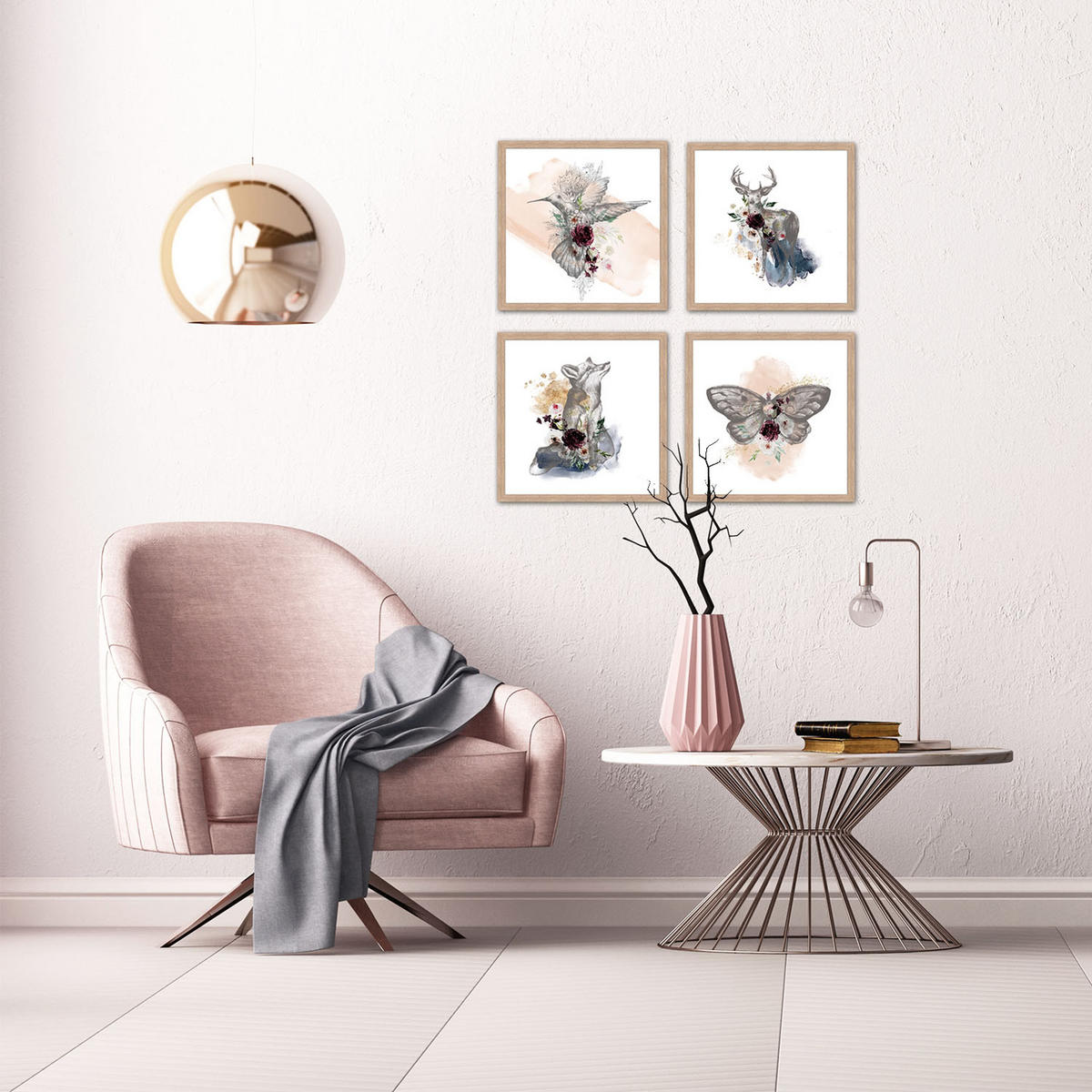 BILDER-SET mit Rahmen 4 x 30x30 cm Tiere Pastelltöne - Beige, Holz (30/30cm) - artissimo