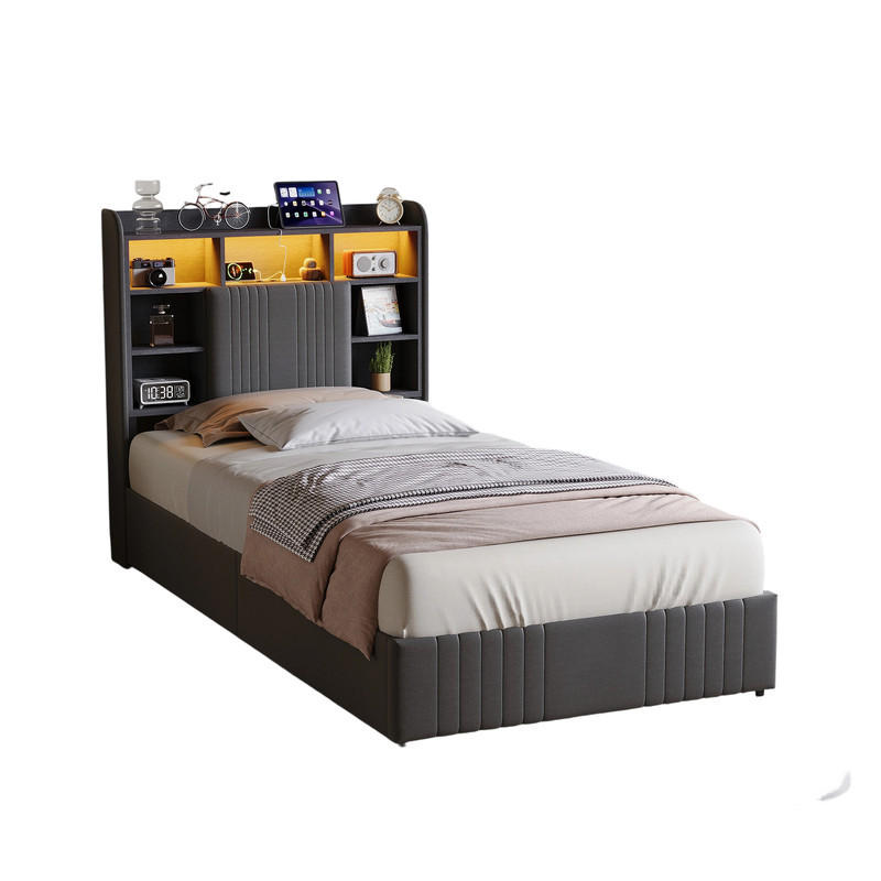 EINZELBETT 90/200 cm grau Leinen mit LED USB Schubladen - Grau, Holz - SHOPENTRA