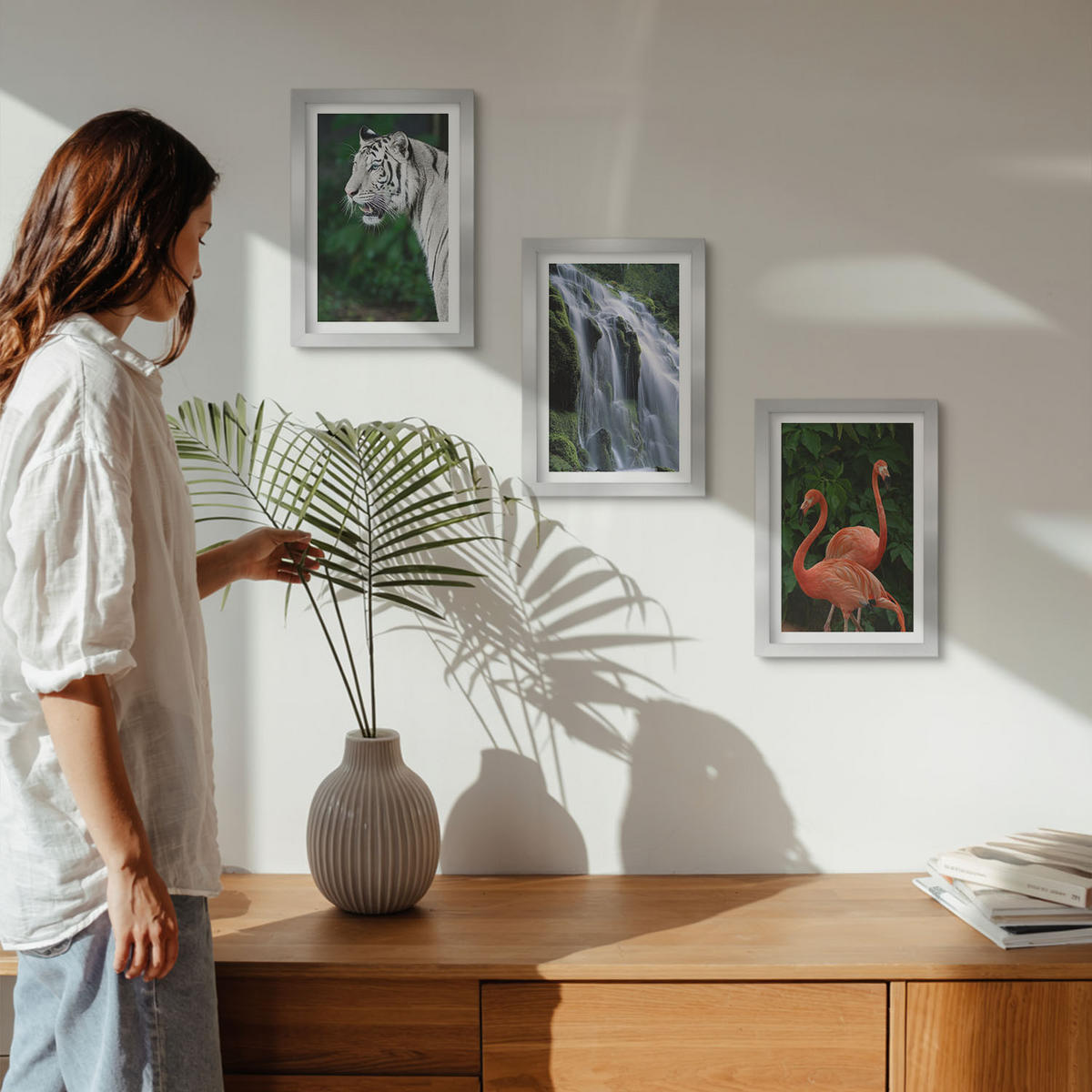 BILDER SET 3er Set - 20x30 cm Silberner Rahmen - Tiger Wasserfall Flamingos Natur - Silberfarben, Kunststoff (20/30cm) - TULUP