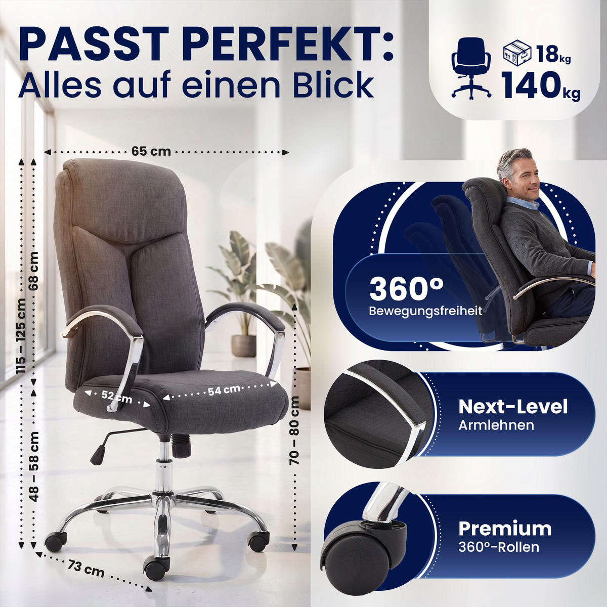 DREHSTUHL Stoff Dunkelgrau - Chromfarben/Dunkelgrau, Textil/Metall (65/115/73cm) - CLP