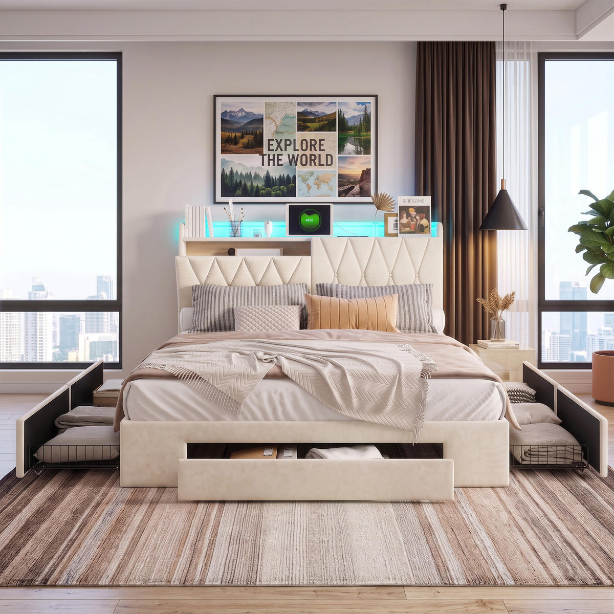 POLSTERBETT 160x200 cm mit 3 Schubladen, bett 160x200 mit USB und LED, Stauraum, Lattenrost, Samt, Beige - Beige, Holz/Textil (160/200cm) - GENKI LIVING