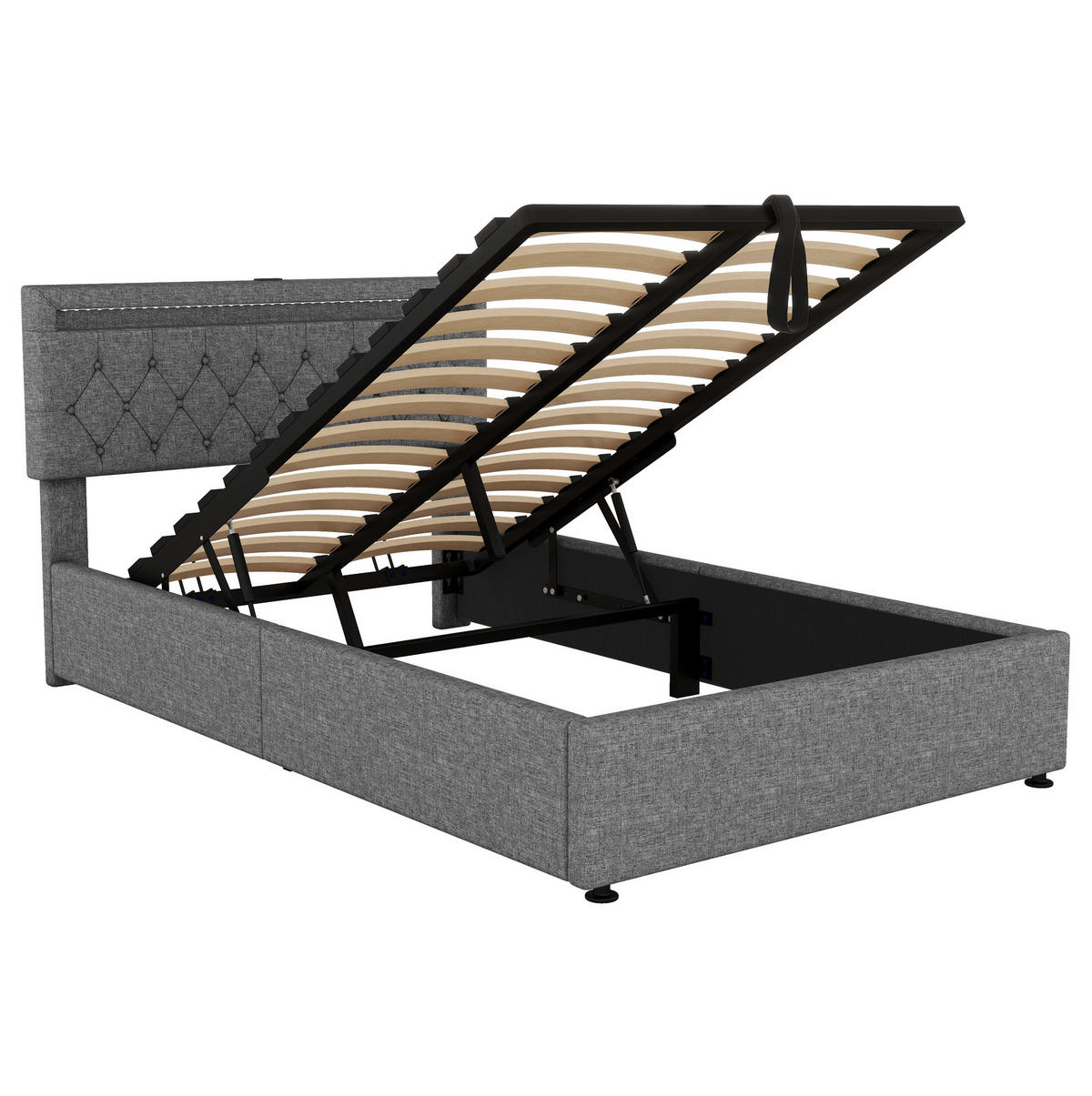 POLSTERBETT mit Stauraum, LED und USB 140x200 cm Leinen Grau - Grau, Metall (140/200cm) - Meubliv