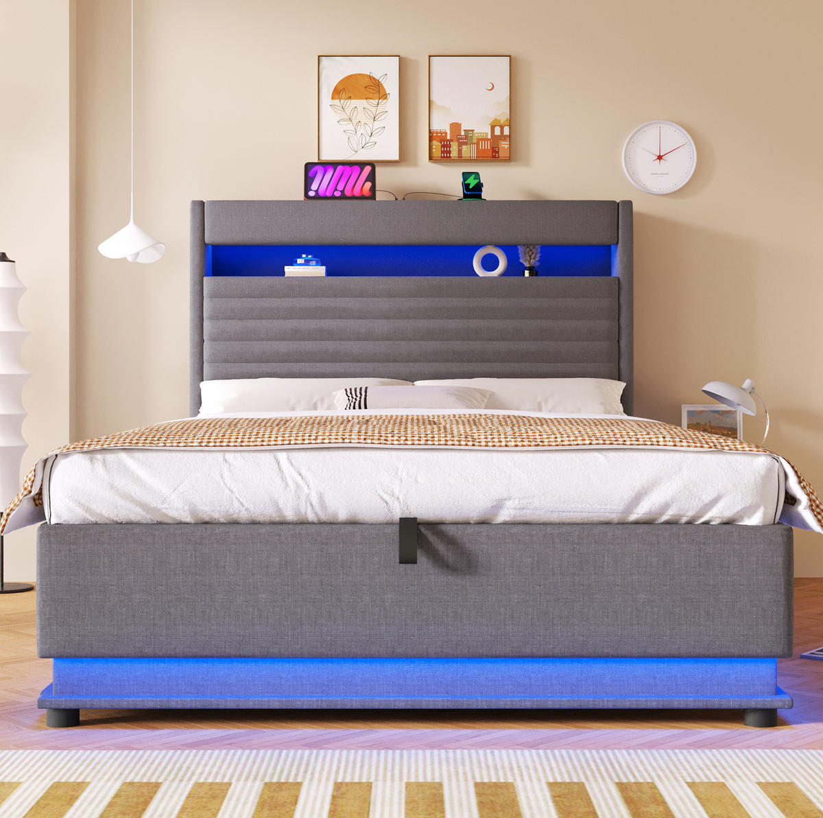 POLSTERBETT 140/200 cm Grau mit LED-Beleuchtung, USB- und Typ-C-Anschluss, hydraulischem Stauraum aus Leinen - Grau, Textil (140/200cm) - OKMYHOME
