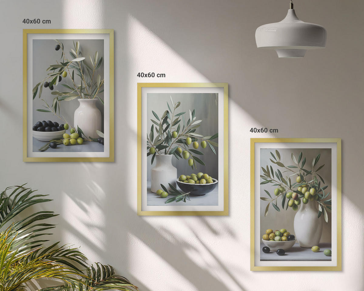 WANDBILDER 3er Set - 40x60 cm Goldrahmen - Oliven in grauen Vasen - Goldfarben, Kunststoff (40/60cm) - ArtPrintCave