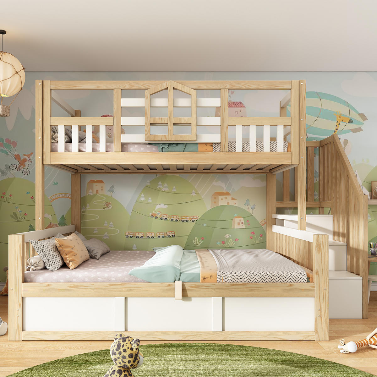 ETAGENBETT 90/200 cm & 140/200 cm in Weiß & Eichefarben mit Bettkasten, Treppe mit Ablagefächern und Fenstern - Weiß/Naturfarben, Holzwerkstoff (140/200cm) - STILVORA