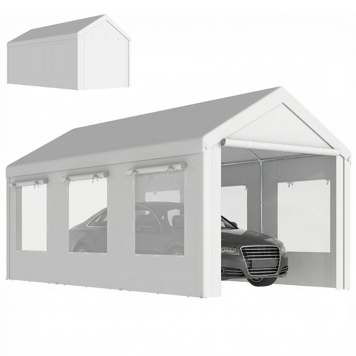 CARPORT DE-12739 300/600 cm UV30+ höhenverstellbar mit 6 Fenstern und Moskitonetz Weiß - Weiß, Metall (295/295/600cm) - ComfortXL
