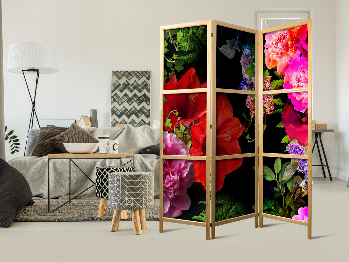 PARAVENT Japanischer 3-tlg 135x172 cm Bunte Blumen - Multicolor, Holz/Textil (135/172/3cm) - Muralo