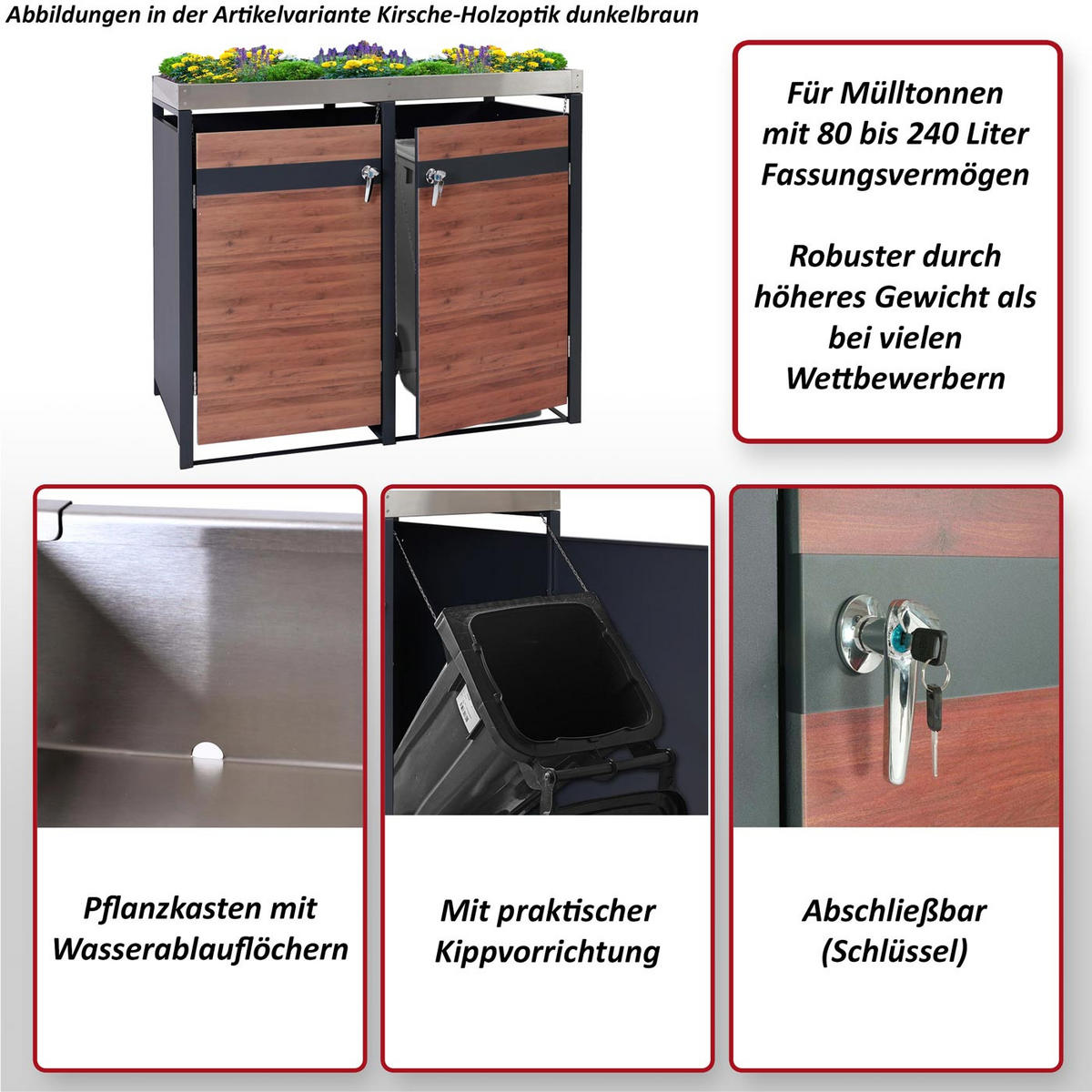 MÜLLTONNENVERKLEIDUNG 2ER rechteckig Kirschbaum Dekor - Kirschbaumfarben, Metall (132/125/80cm) - MCW