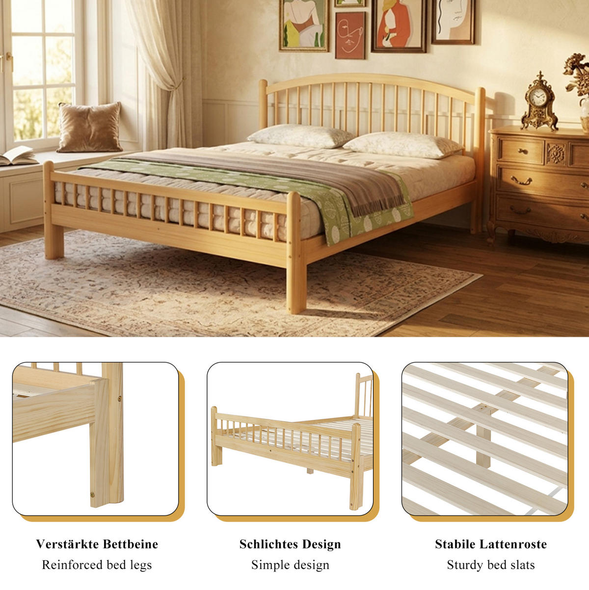 EINZELBETT aus Kiefernholz 140x200 cm Beige/Natur mit Lattenrost - Beige, Holz (140/200cm) - IVMEU