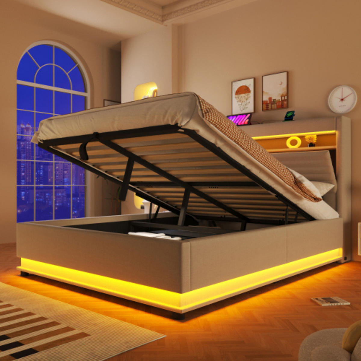 POLSTERBETT beige 218×142×113 cm aus Leinen-Stoff mit Hydraulikbettkasten, zweiseitigen LED-Leisten - Beige, Textil (140/200cm) - Luhomfu