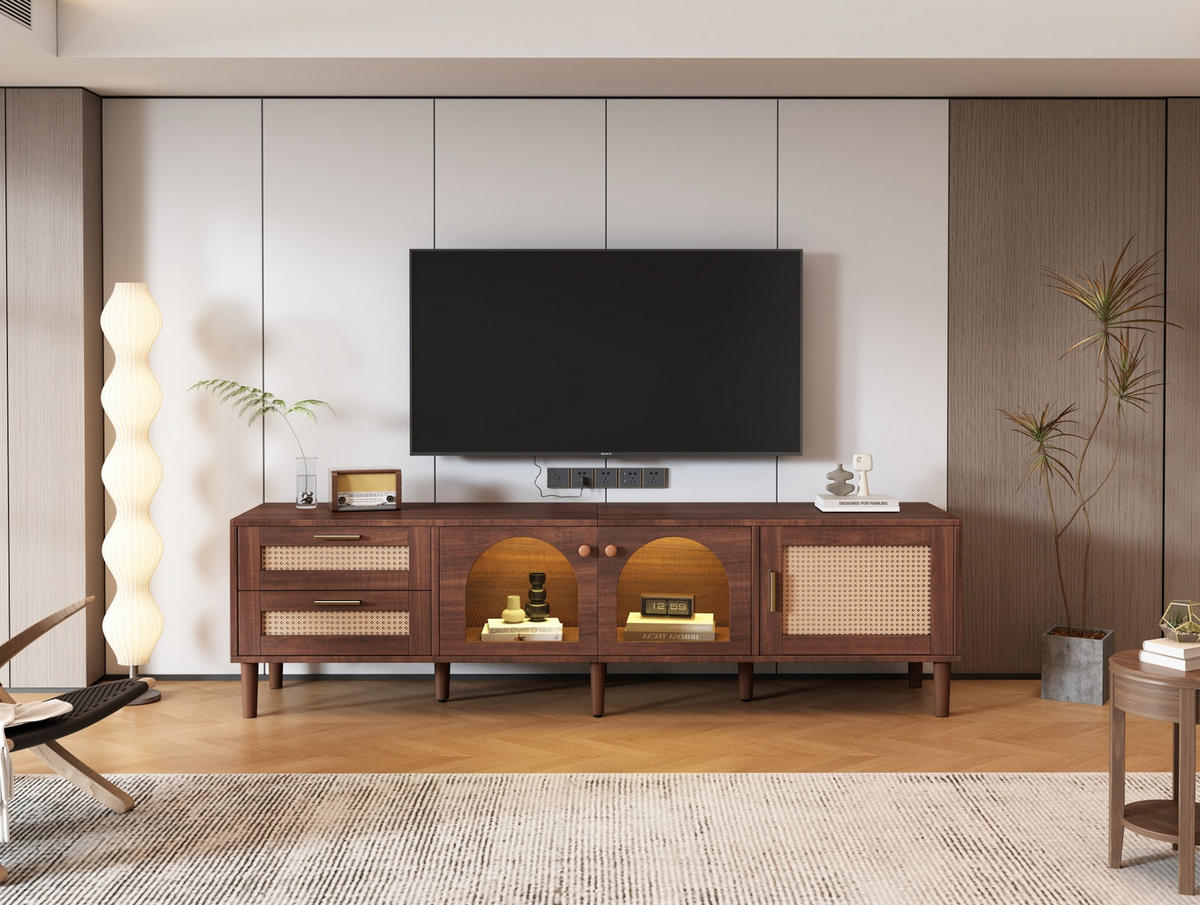 TV-SCHRANK in Braun mit LED, Rattan-Schubladen und Glastüren 180/40/50 cm - Braun, Holzwerkstoff (180/50/40cm) - Redom