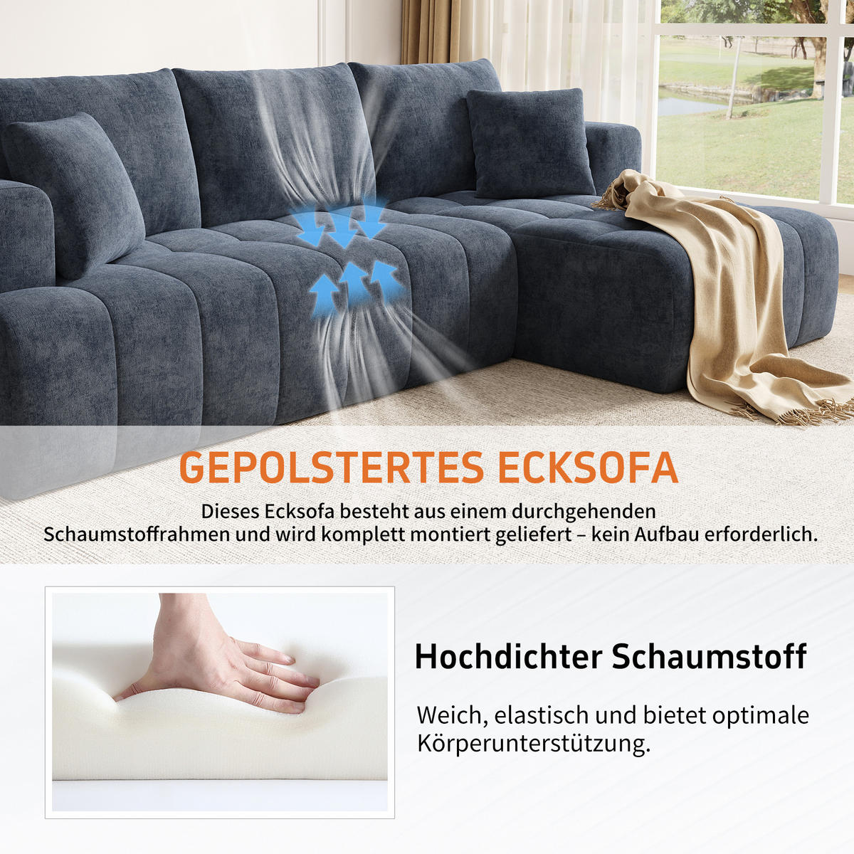 4-SITZER ECKSOFA Chenille Blau mit Kissen - Blau, Textil (244.5/136cm) - WISHDOR