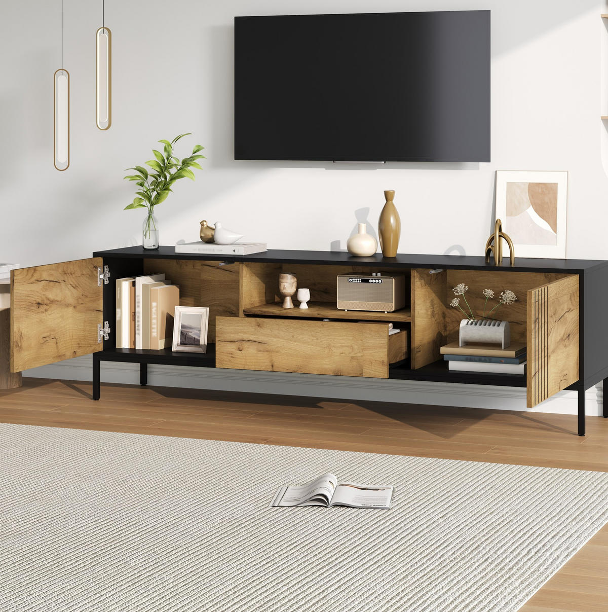 TV-LOWBOARD 170/35/50 cm Eiche Schwarz aus Spanplatte mit Stauraum - Eichefarben, Holzwerkstoff (35/50/170cm) - OKWISH