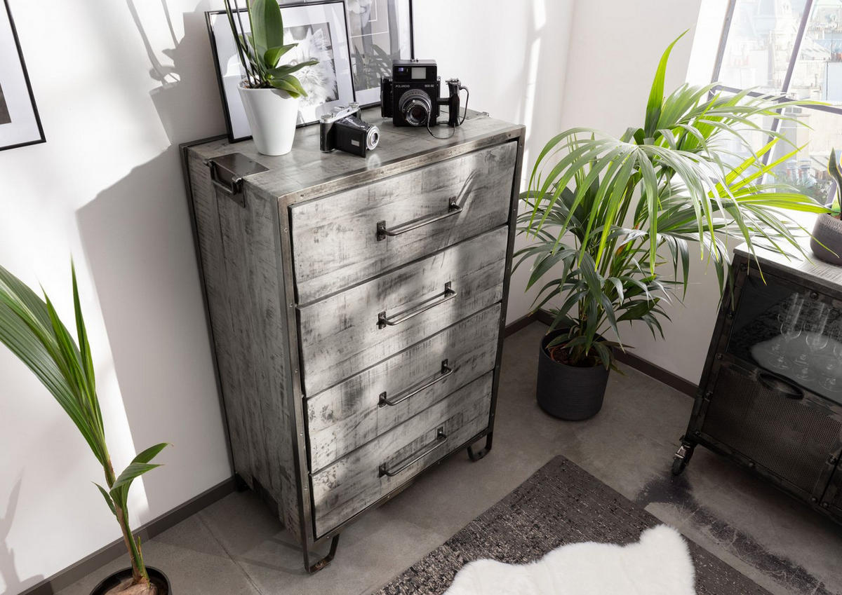 KOMMODE Mango 81x46x122 grau lackiert HEAVY INDUSTRY #117 - Grau, Holz (81/122/46cm) - Massivmoebel24