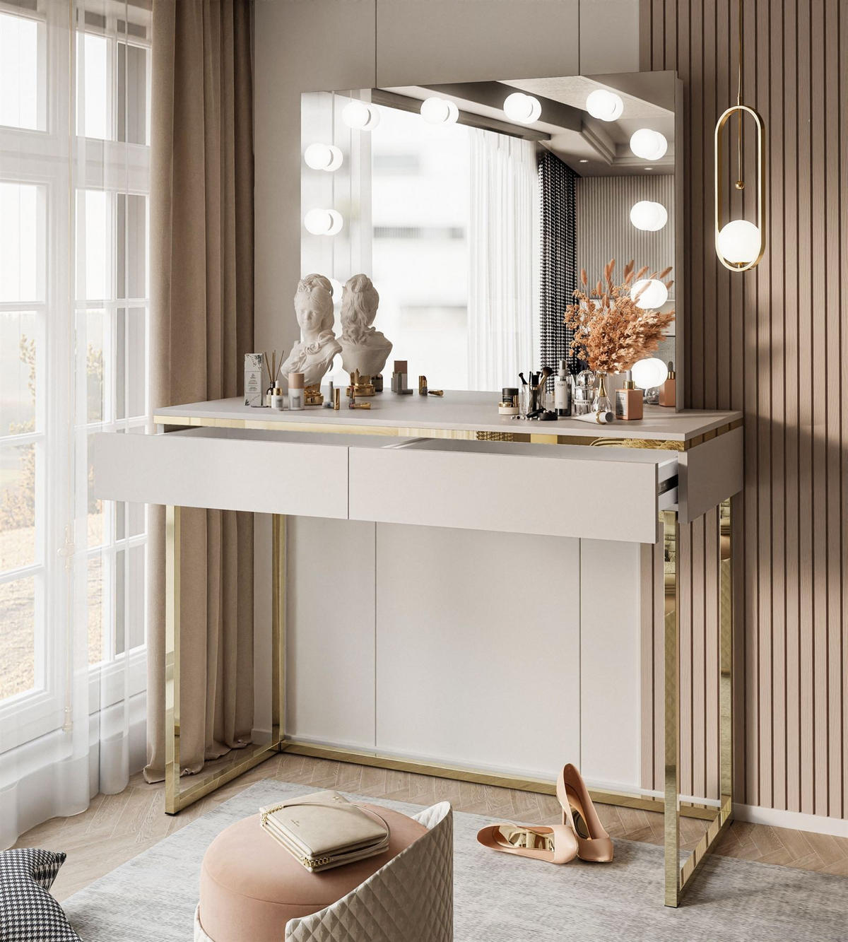 SCHMINKTISCH AURORA GOLD ELITE in Kaschmir mit Spiegel - Kaschmir/Goldfarben, Holzwerkstoff/Metall (102/144/44cm) - Lookway