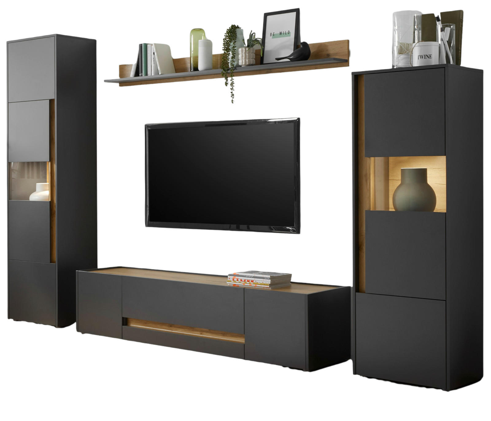 Furn.Design Wohnwand Eiche Wotan, Grau 310x197x45 cm