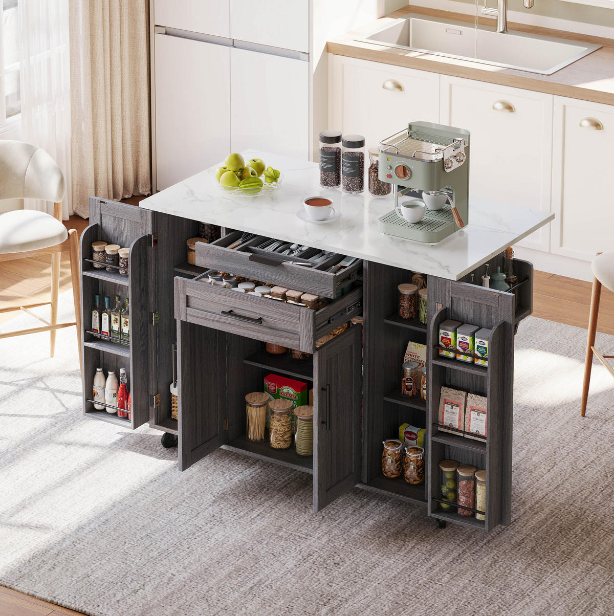 KÜCHENINSEL mit ausziehbarer Arbeitsplatte 136 x 70 x 92 cm Grau - Grau, Holz (70/92/136cm) - Beauniv
