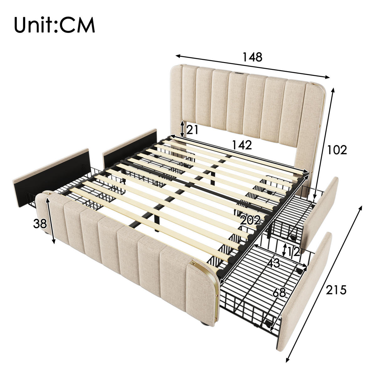 BETT mit 4 Schubladen und USB 140x200 cm Leinen Beige - Beige, Metall (140/200cm) - Meubliv
