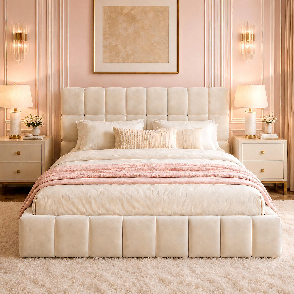 POLSTERBETT 140/190 cm in Beige Samt mit eingelassener Matratze - Beige, Holzwerkstoff/Textil (140/190cm) - WISHDOR