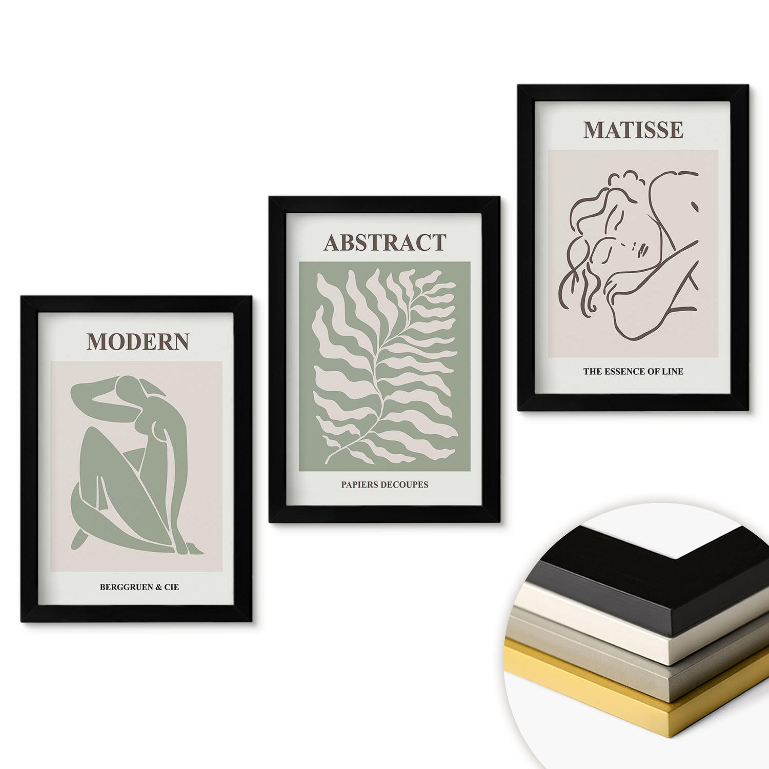 WANDBILDER 3er-Set - 20x30 cm Schwarzer Rahmen - Stilvolle grüne Gemälde mit Figuren - Schwarz, Kunststoff (20/30cm) - ArtPrintCave