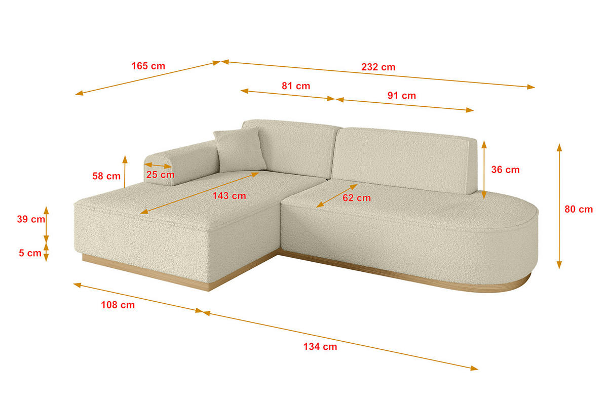 ECKSOFA Ottomane Links IREA-L1-v2 - 232x165x80 cm Beige - Hellbraun/Creme, Holzwerkstoff/Textil (232/165cm) - ALTDECOR