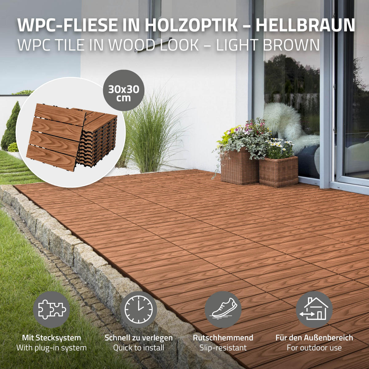 TERRASSENFLIESE Hellbraun 22 Stück - Hellbraun, Holzwerkstoff (30/30/2.1cm) - ML-DESIGN