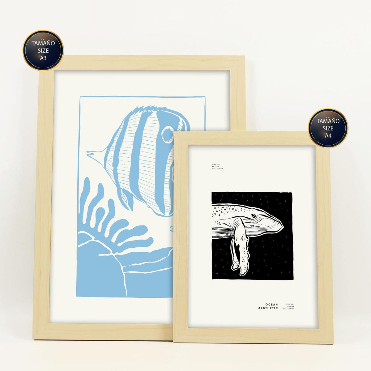 POSTER Set Mit 6 Schwarze Tintenmeermuster Größe A3 & A4 Rahmen aus hellem Holz - Beige, Papier (29.7/1cm) - Nacnic