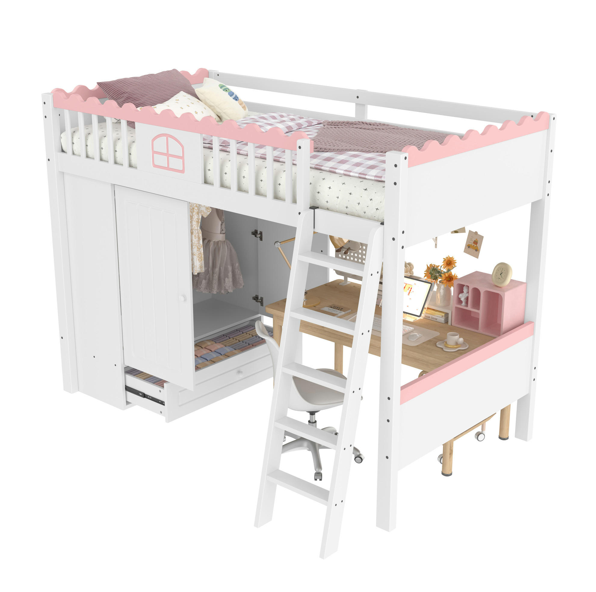 HOCHBETT aus Kiefer und MDF 90x200 cm Weiß mit LED, Kleiderschrank und Schublade, EN747-zertifiziert - Weiß, Holzwerkstoff (90/200cm) - Modfu