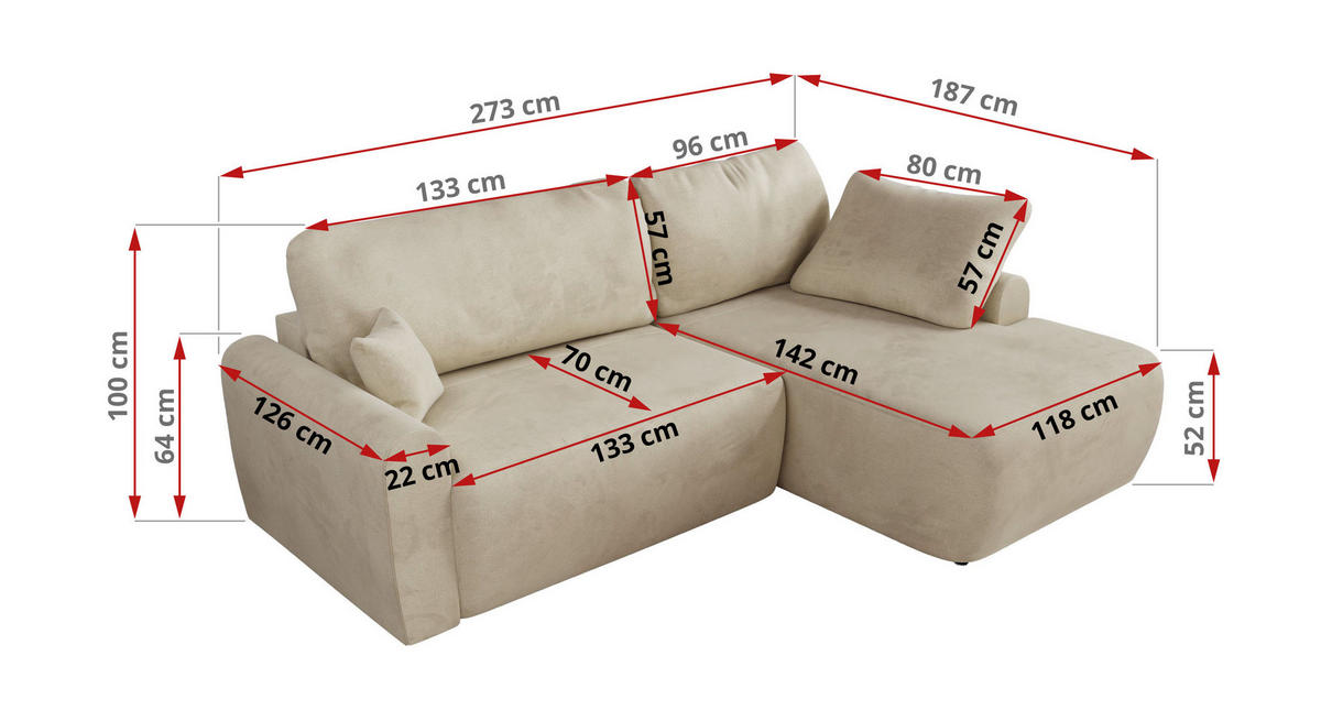 ECKSCHLAFSOFA CUBO L Beige Velvet - rechts - Beige/Schwarz, Kunststoff/Textil (187/273cm) - MKS