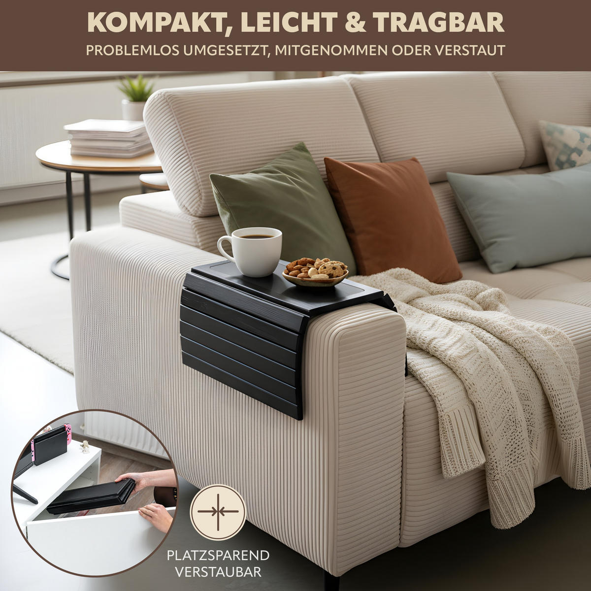 ARMLEHNEN-SOFATABLETT mit rutschfester Silikonablage, Bambus, schwarz - Schwarz, Naturmaterialien (47/1/34cm) - eluno