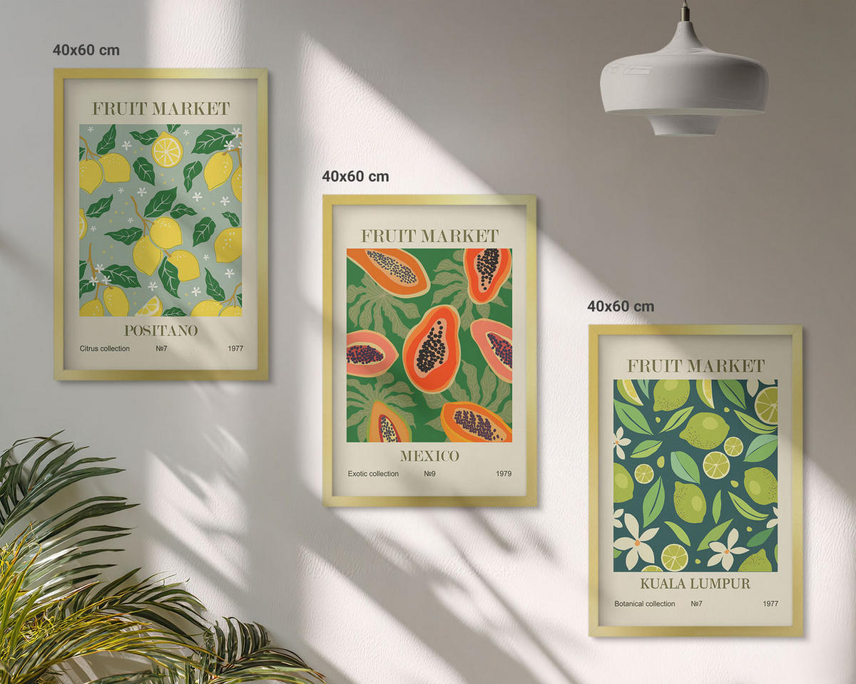 WANDBILDER 3er Set - 40x60 cm Goldrahmen - Fruchtige Zitronen- und Papayamuster - Goldfarben, Kunststoff (40/60cm) - ArtPrintCave