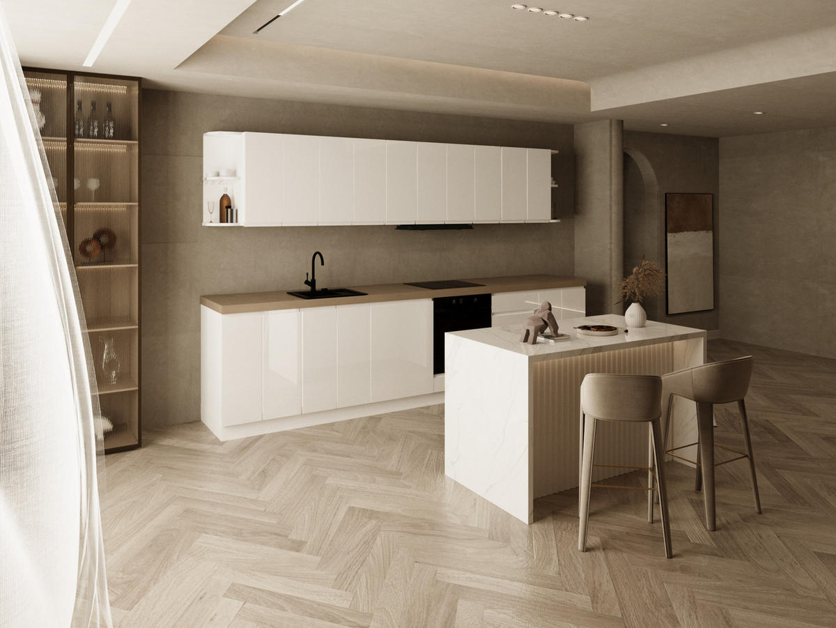 KÜCHENZEILE 360 cm - Aspen KA16-M360- in Weiß/Hochglanz - Weiß Hochglanz, Holz (360/212/52cm)