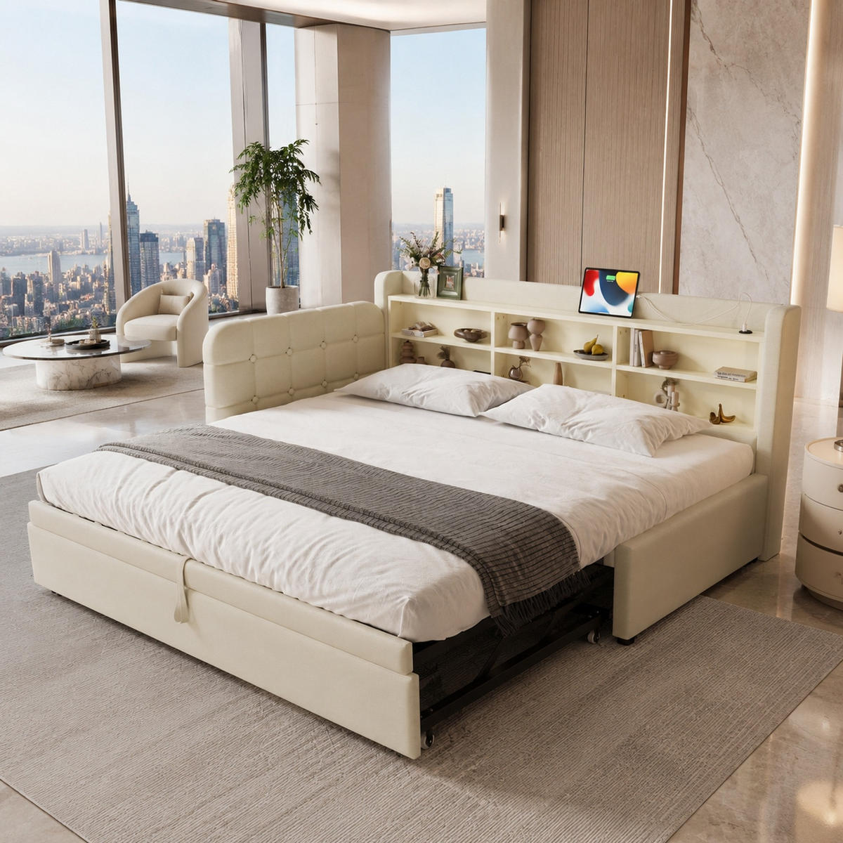 POLSTERBETT 90/200 mit Ausziehbett, USB Type-C, Ablagefächern und Lattenrost aus Leinen in Beige - Beige, Holzwerkstoff/Textil (90/200cm) - EVRYAE