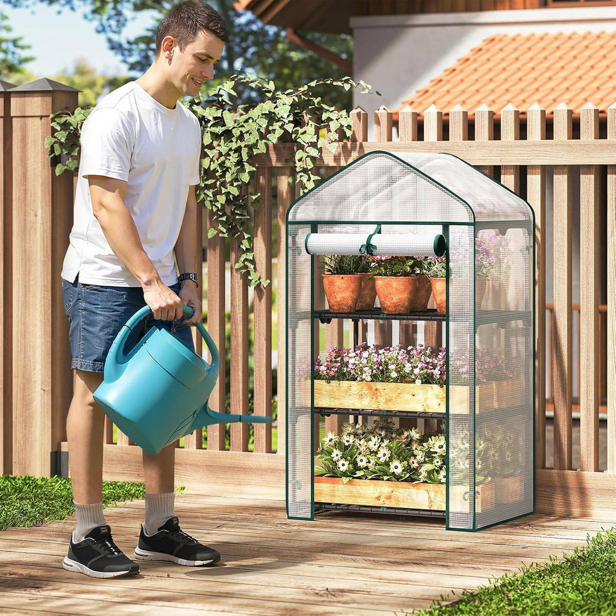 GEWÄCHSHAUS, Winterfest stabil platzsparend, 69 x 158 x 49 cm - Weiß, Textil/Metall (69/125/49cm) - Woltu