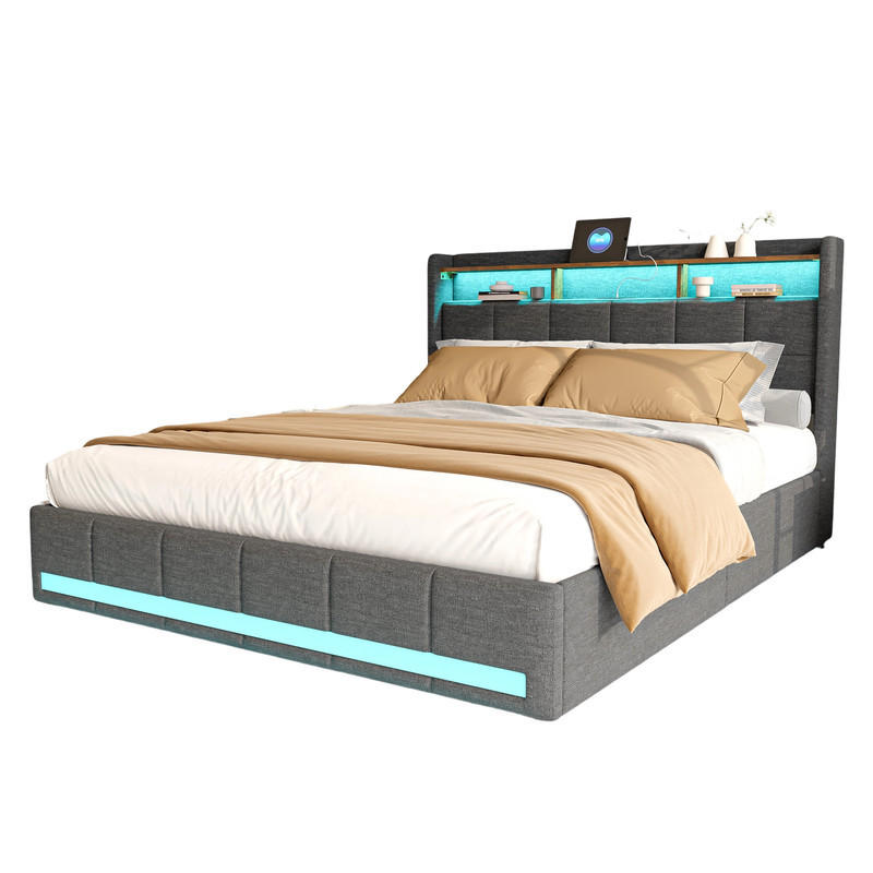 SHOPENTRA ČALOUNĚNÁ postel 180x200 cm šedá látka LED USB Type-C 4 zásuvky