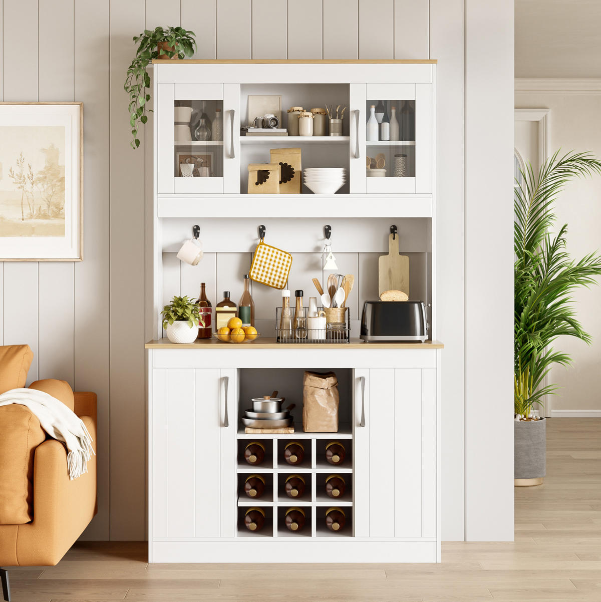 KÜCHENBUFFET mit Glastüren Weinregal 106 x 39 x 175 cm Weiß/Natur - Weiß, Holzwerkstoff (39/175/106cm) - Meubliv