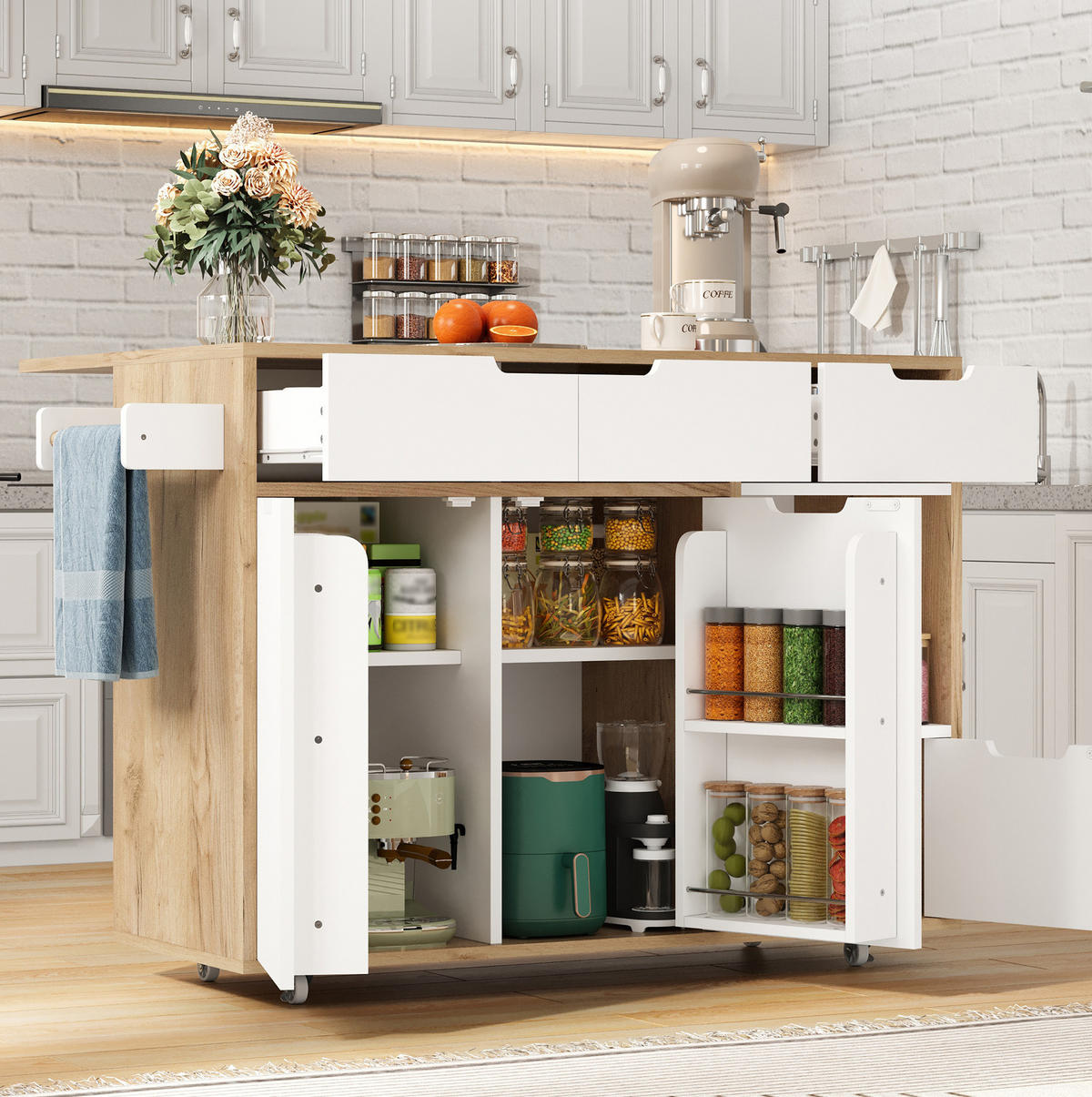 SCHRANK/SIDEBOARD 120x46x85cm Weiß mit 360°Rollen, Schubladen & Fächern - Weiß, Holzwerkstoff (120/85/46cm) - Modfu