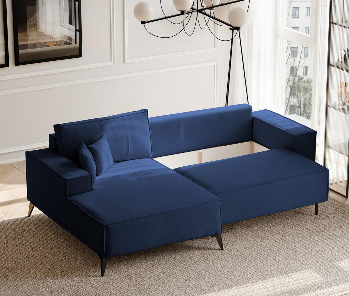 ECKSOFA OTIS Links, mit Schlaffunktion und Bettkasten, Marineblau - Dunkelblau, Textil/Metall (294/185cm) - Idohome