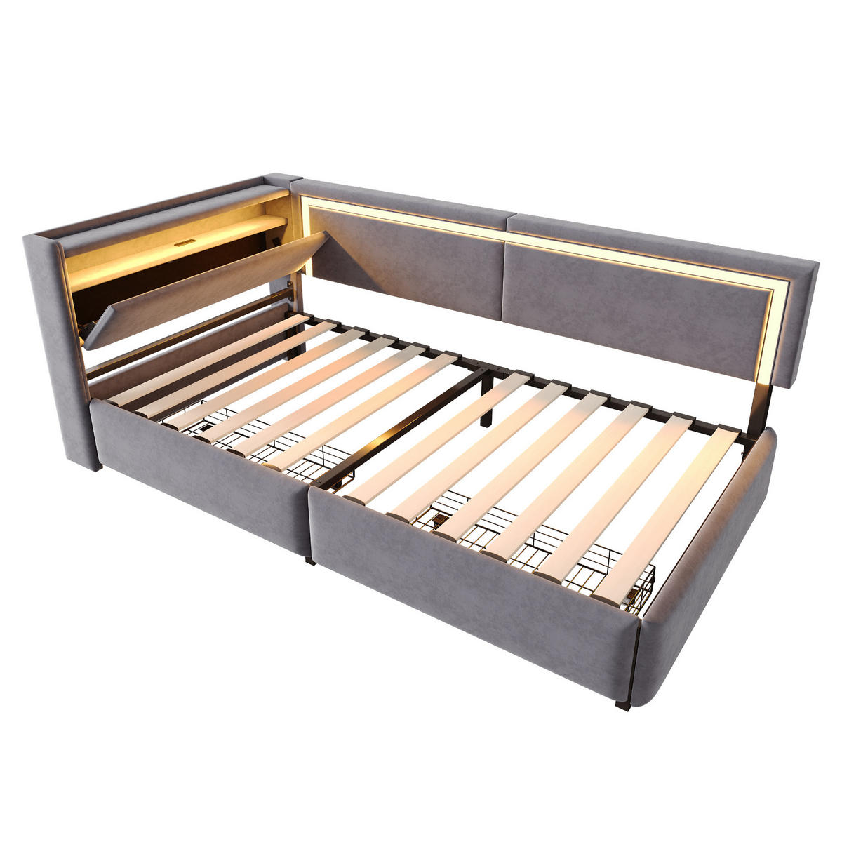 POLSTERBETT 90/200 cm dunkelgrau aus Samt mit LED und USB Kopfteil mit Stauraum - Dunkelgrau, Textil (90/200cm) - OKWISH