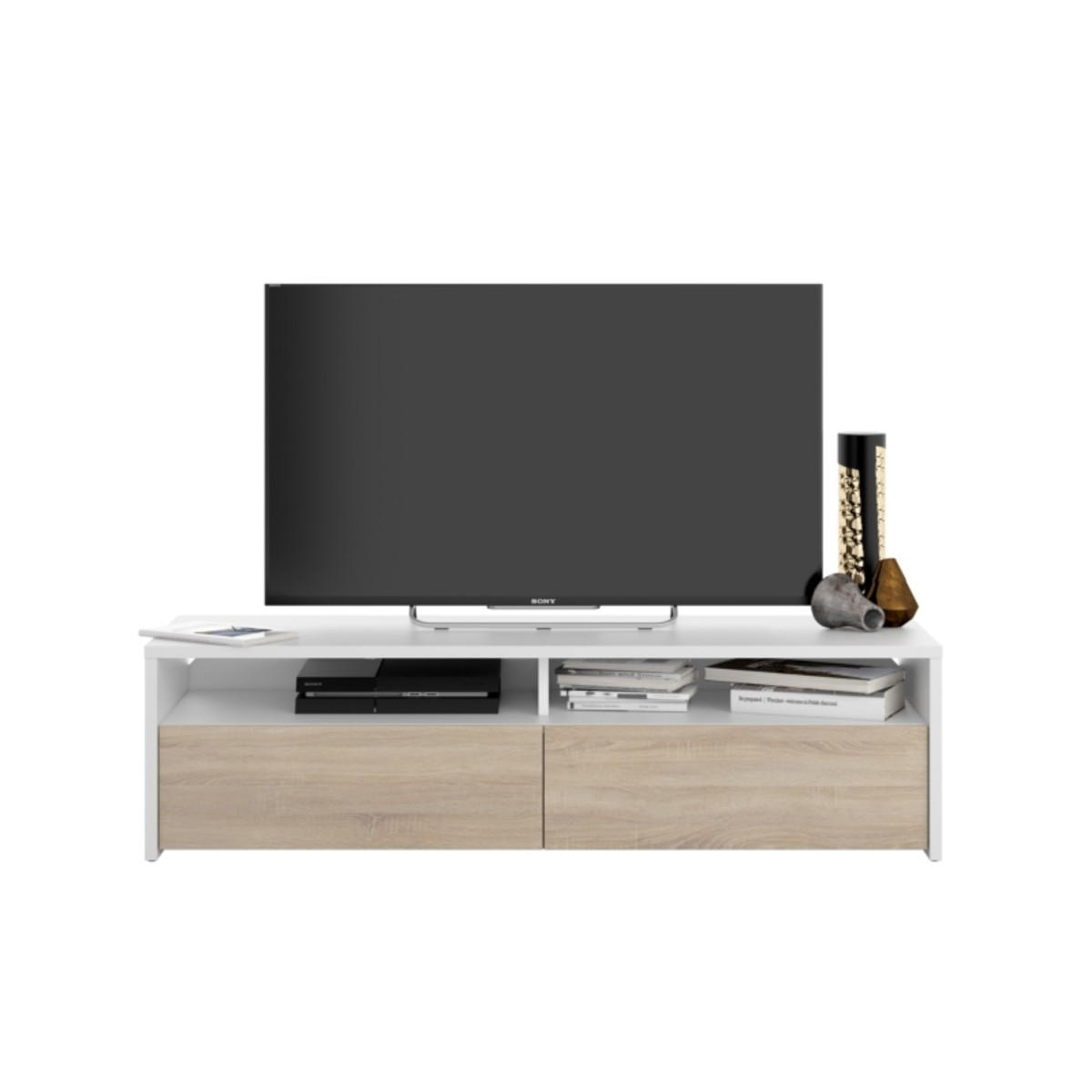 TV-MÖBEL mit 2 Flügeltüren und 2 Aufbewahrungsnischen Kioto - L130 cm - Weiß, Holzwerkstoff (42/36/130cm) - Calicosy
