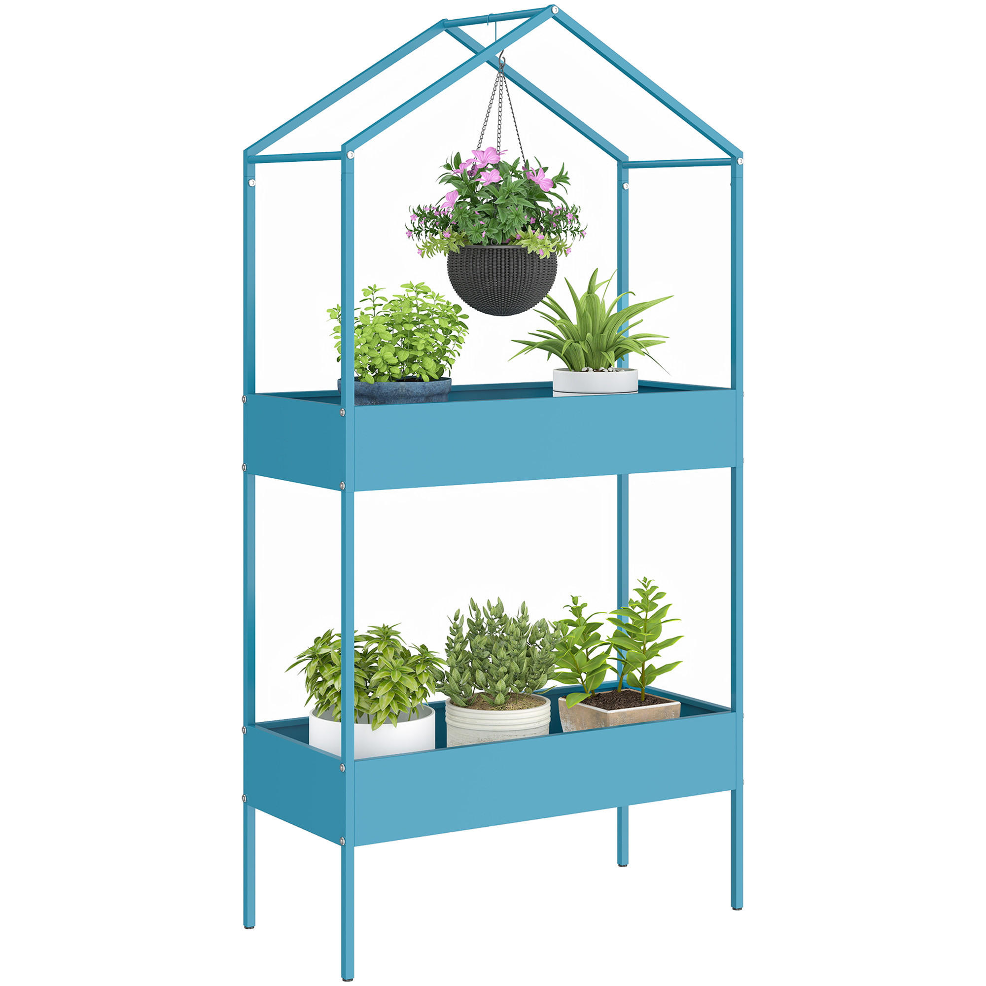 BLUMENTREPPE DE-12302 2-stufig, Hausform mit Haken Blaugrün - Blau, Metall (35/150/75cm) - ComfortXL