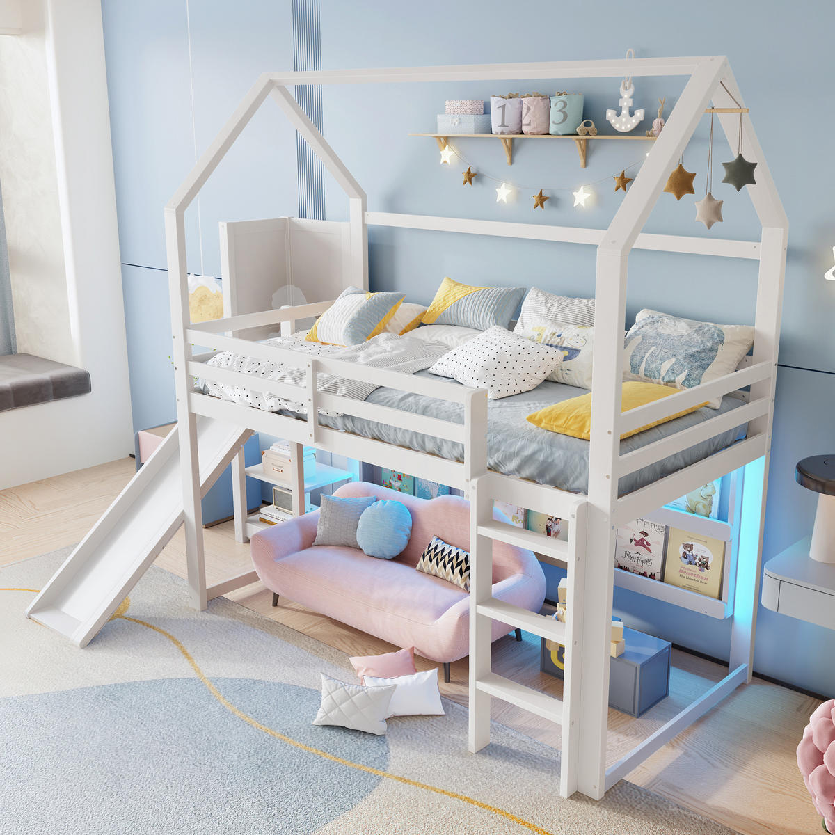 HOCHBETT 90/200 cm in Weiß mit Rutsche, Regal und LED im Haus-Design - Weiß, Holz (90/200cm) - STILVORA