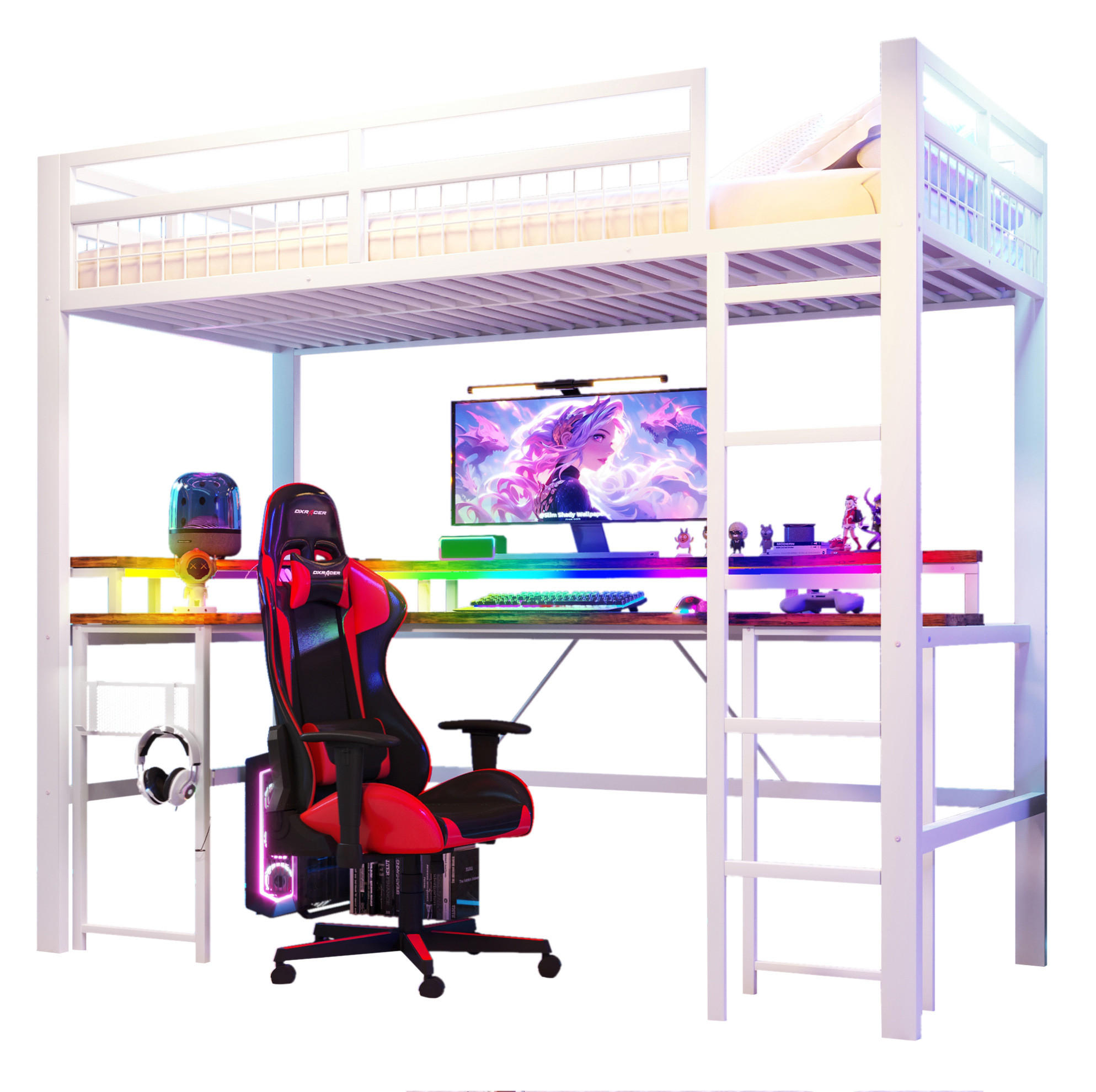 HOCHBETT 90/200 cm Weiß aus Metall und MDF mit Schreibtisch - Weiß, Metall (90/200cm) - OKMYHOME