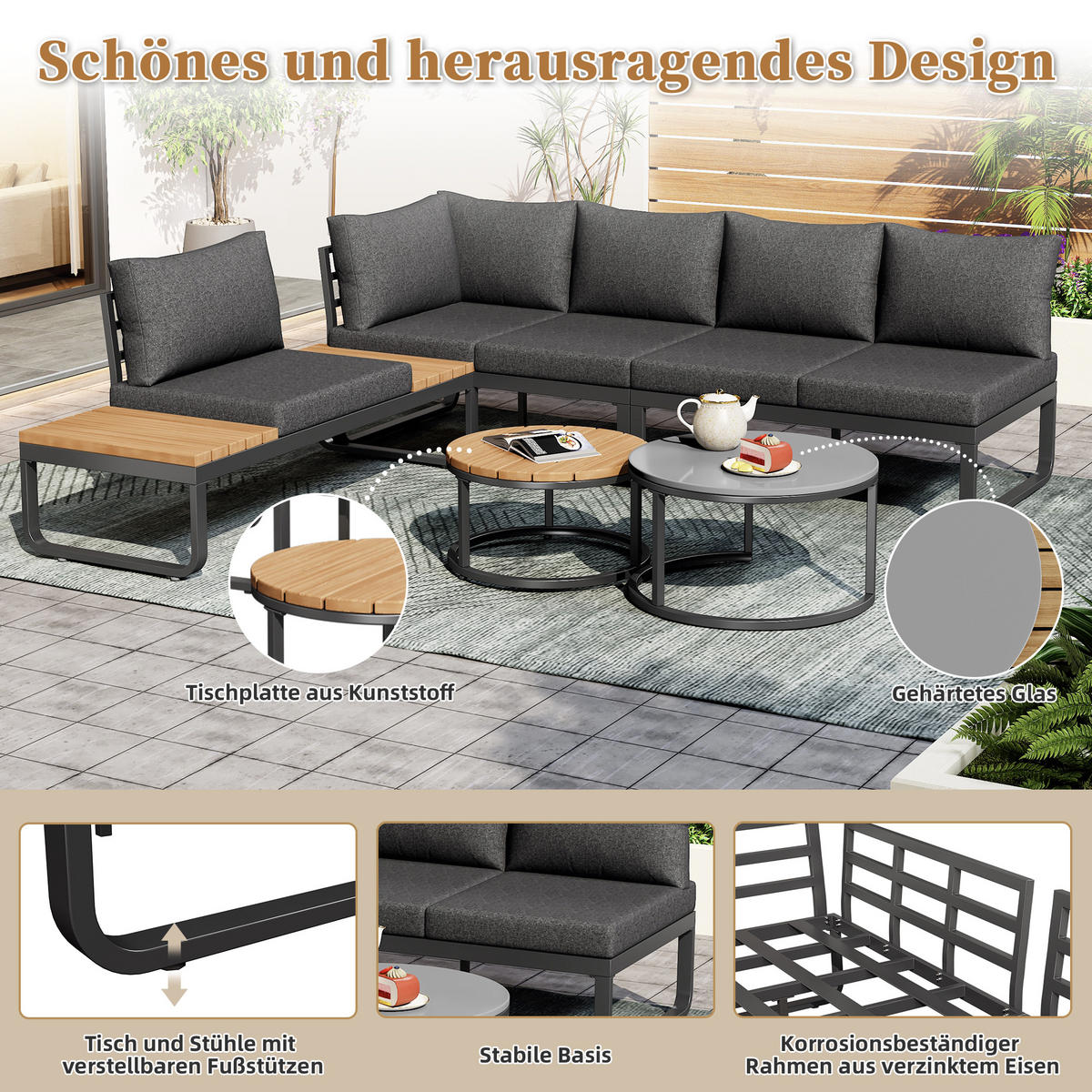 GARTENSET 4-5 Sitzer Grau Mit 2 Stapeltischen - Grau, Metall - FLIEKS