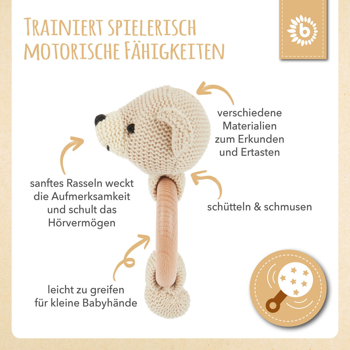 GREIFLING Holz Natur Gehäkelt Rassel Bär - Beige, Textil (8/14cm) - Bieco Spielwaren